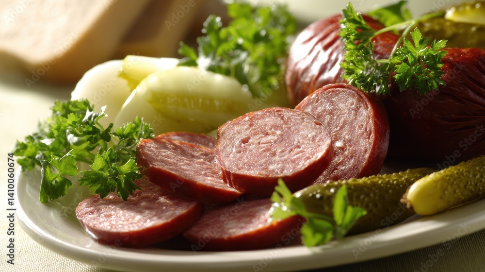 Delicious Sausage Slices with Pickles Onions and Parsley Plated for Elegant Appetizer Presentation Still Life Close Up Delicious Sausage Slices with Pickles Onions and Parsley Plated for Elegant Appetizer Presentation Still Life Close Up