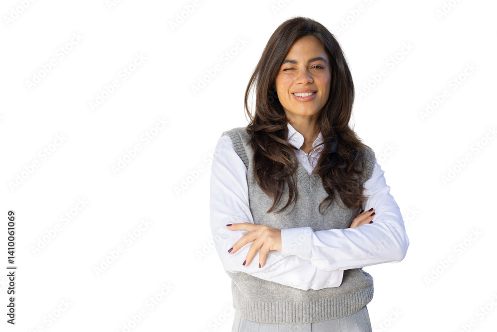 Portrait of a smiling businesswoman winking with crossed arms, isolated on transparent background, expressing confidence and friendliness Portrait of a smiling businesswoman winking with crossed arms, isolated on transparent background, expressing confidence and friendliness