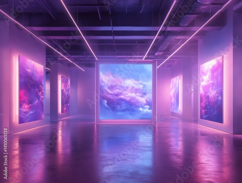 Futuristic art gallery showcasing digital paintings with neon lighting