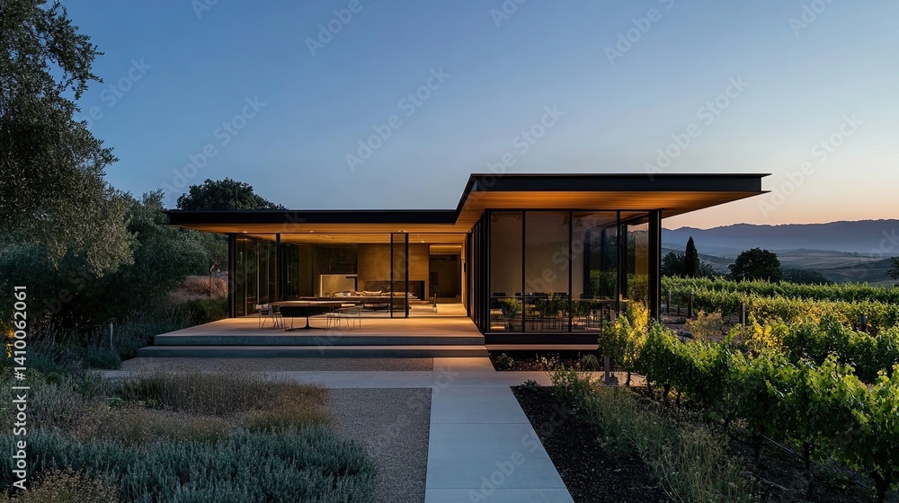 Fototapeta premium Modern Vineyard House Dusk Landscape.