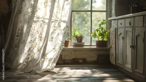 Sun-dappled Kitchen Draped with Elegant Leafy Pattern Curtain and Verdant Outdoor View