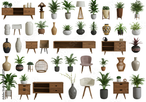 Variety of home decor items isolated on white background