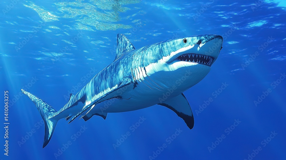 Naklejka premium Sleek megalodon glides through deep waters, contrasting with a bulky silhouette in the background, embodying elegance and power.