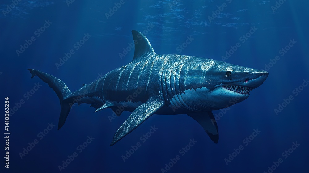 Fototapeta premium Sleek megalodon glides through deep waters, contrasting with a bulky silhouette in the background, embodying elegance and power. 