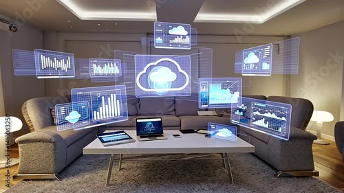 Smart home technology interfaces & data visualized in a living room