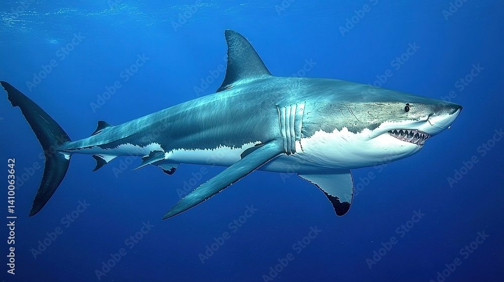 Naklejka premium Sleek megalodon glides through deep waters, contrasting with a bulky silhouette in the background, embodying elegance and power. 