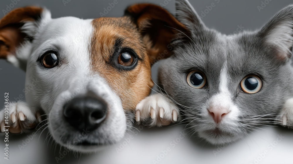 Dog and cat curiously peeking over a white banner in a cozy indoor setting during afternoon light Dog and cat curiously peeking over a white banner in a cozy indoor setting during afternoon light