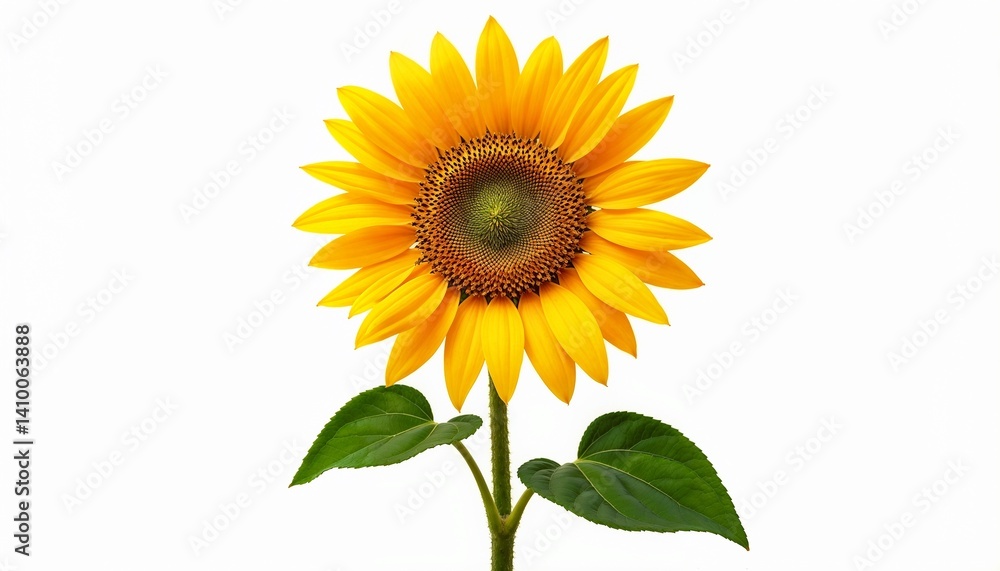 Obraz premium Close-up of sunflower with bright yellow petals and green leaves in floral illustration