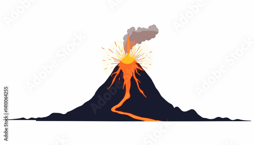 Erupting volcano with orange-red lava flow and gray smoke in clean outline illustration