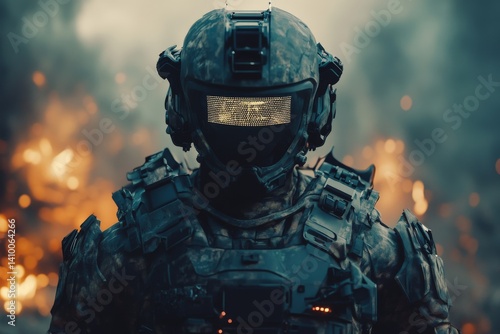 Futuristic combat soldier in advanced exoskeleton armor amidst battle