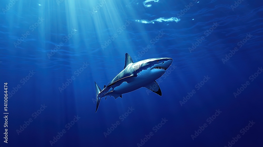 Fototapeta premium Sleek megalodon glides through deep waters, contrasting with a bulky silhouette in the background, embodying elegance and power.