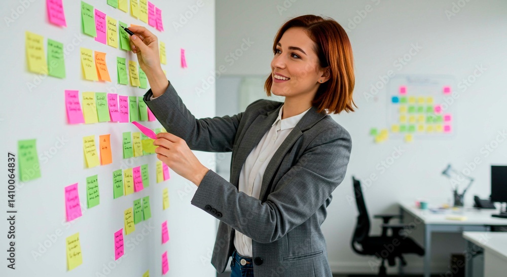 Woman in blazer writing on sticky notes attached to a white wall in an office environment at daytime Woman in blazer writing on sticky notes attached to a white wall in an office environment at daytime