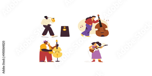 Print  Street musicians set. Jazz performers play different instruments: saxophone, guitar, double bass, cajon. Singers song with microphone.