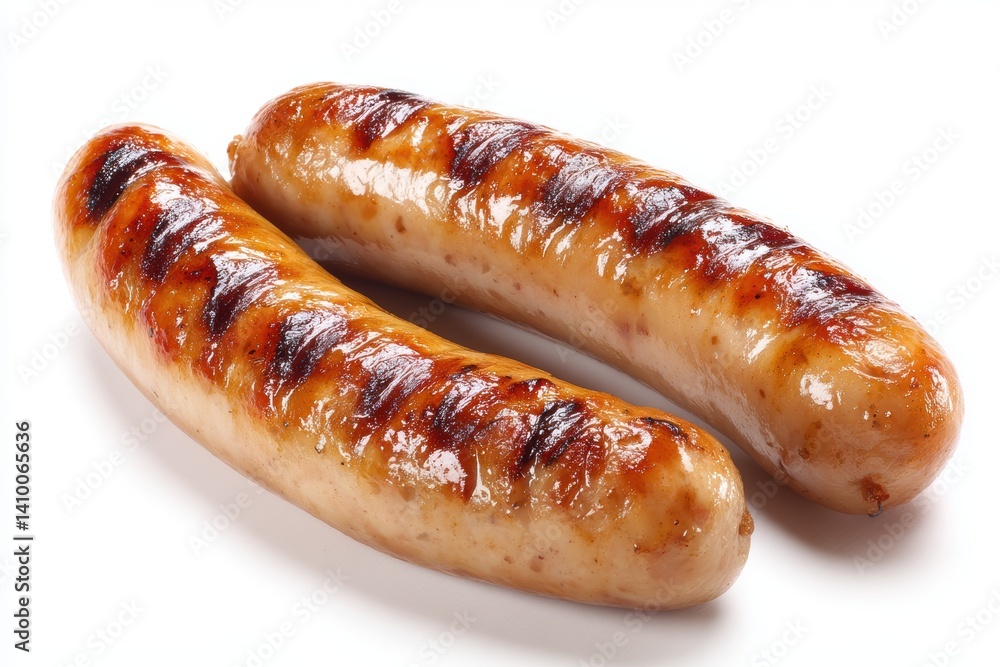 Two flavorful cooked german sausages on a plain white backdrop ready to eat ideal for menu or recipe Two flavorful cooked german sausages on a plain white backdrop ready to eat ideal for menu or recipe