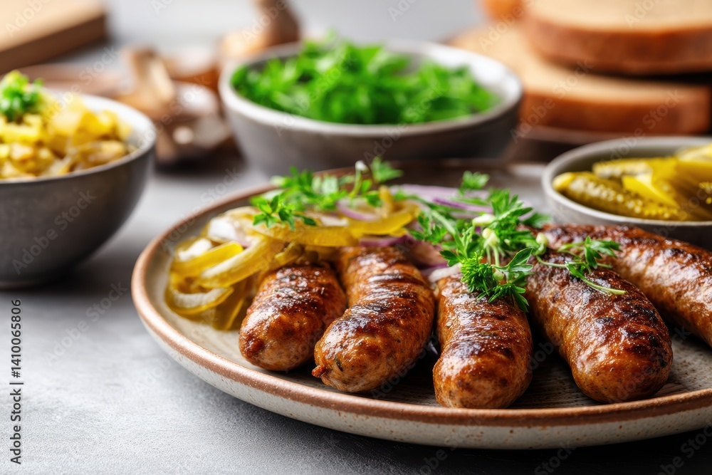 Delicious sausages served with onions parsley pickles and potatoes on a gray table studio shot food photography Delicious sausages served with onions parsley pickles and potatoes on a gray table studio shot food photography