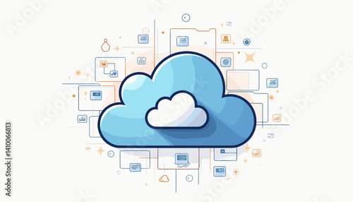 Cloud storage symbol with folder icons and gradient blue fill in digital workspace theme illustration
