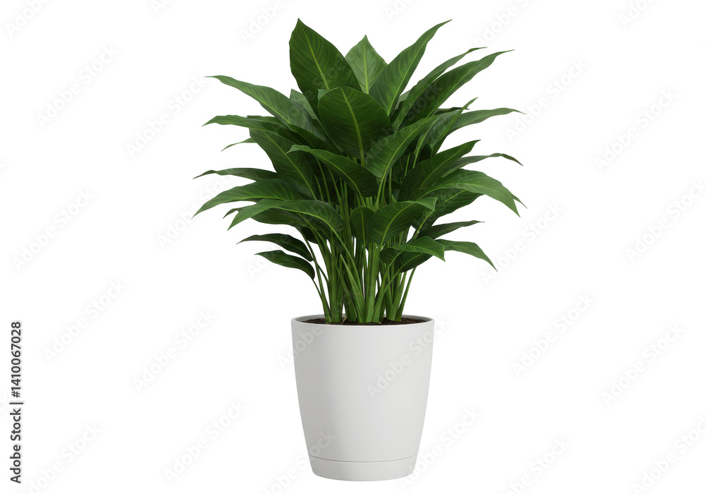 Fototapeta premium Houseplant in white pot. Lush foliage isolated on white background