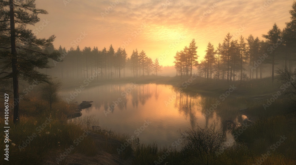 Fototapeta premium Misty Sunrise over a Serene Lake
