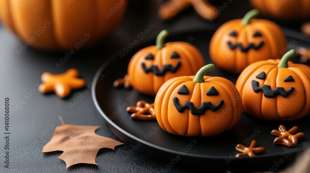 Delicious pumpkin-shaped treats made with pretzels and orange frosting on dark plates for festive gatherings Delicious pumpkin-shaped treats made with pretzels and orange frosting on dark plates for festive gatherings