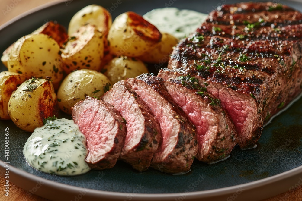 Sliced steak with potatoes and sauce on a dark plate close-up shot. Sliced steak with potatoes and sauce on a dark plate close-up shot.