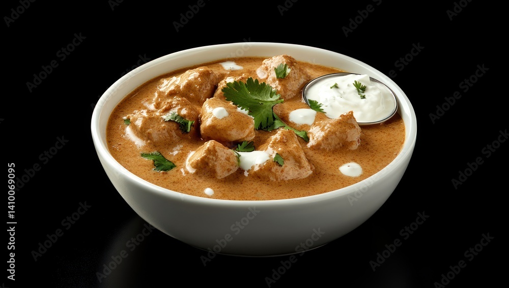Bowl of chicken curry with cream and cilantro on a dark background. Bowl of chicken curry with cream and cilantro on a dark background.