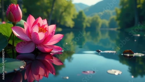 Intricate floral design reflected on calm lake surface, lotus, water, plant