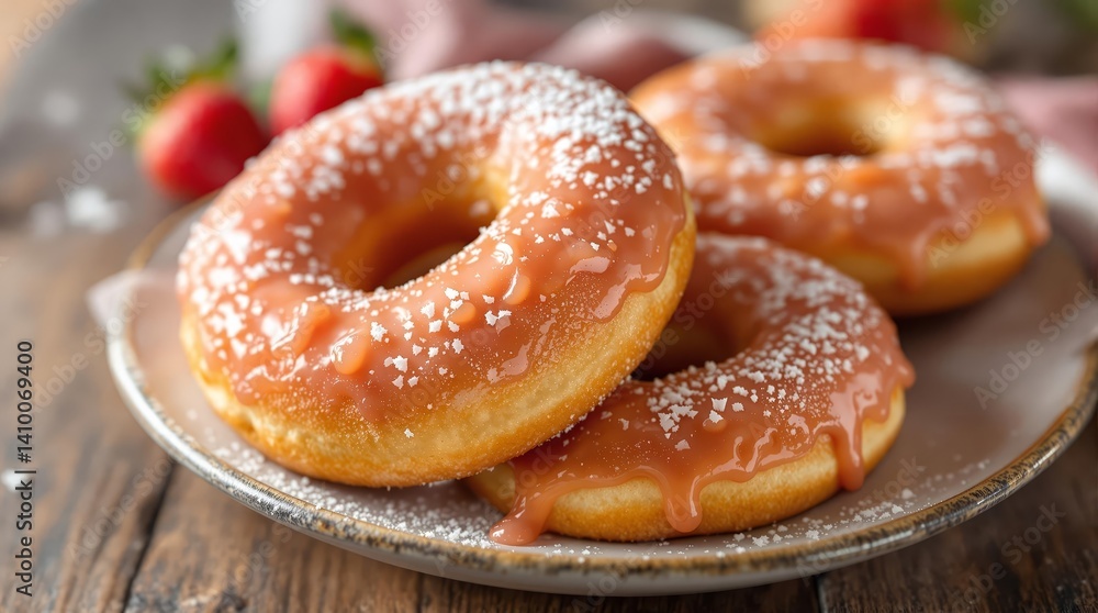Three delicious strawberry donuts with a sweet glaze and powdered sugar, arranged on a plate. These tempting pastries are perfect for illustrating breakfast, dessert, and sweet treat concepts. Three delicious strawberry donuts with a sweet glaze and powdered sugar, arranged on a plate. These tempting pastries are perfect for illustrating breakfast, dessert, and sweet treat concepts.