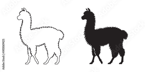Flat alpaca vector design with outline and silhouette – ideal for rural lifestyle branding – alpaca silhouette – alpaca illustration – alpaca icon – minimalist alpaca outline – alpaca line art

