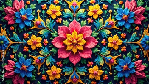 Intricate floral motif within a repeating geometric hexagon , illustration, vintage