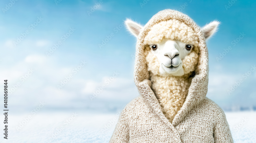 Obraz premium Fluffy alpaca wearing winter coat and hood in snowy landscape