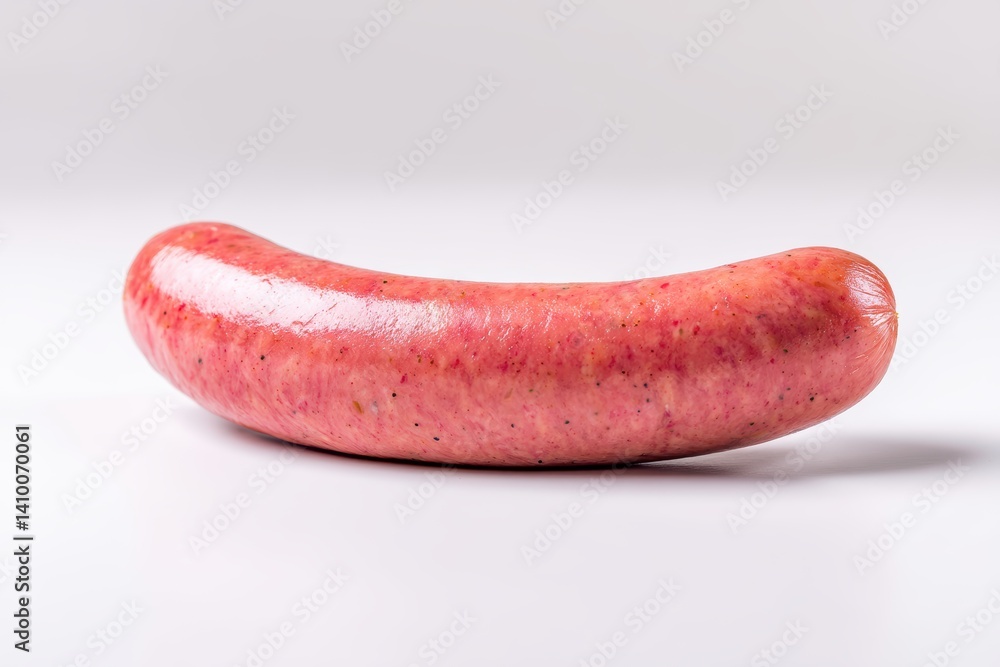 Fresh glossy sausage presentation against white background smooth texture for culinary concept Fresh glossy sausage presentation against white background smooth texture for culinary concept