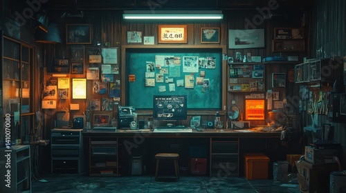 Cluttered room with desk board and papers. Dark lighting and cozy atmosphere.