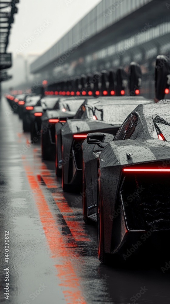 Obraz premium Rain-slicked Asphalt: A Convoy of Sleek, Futuristic Supercars