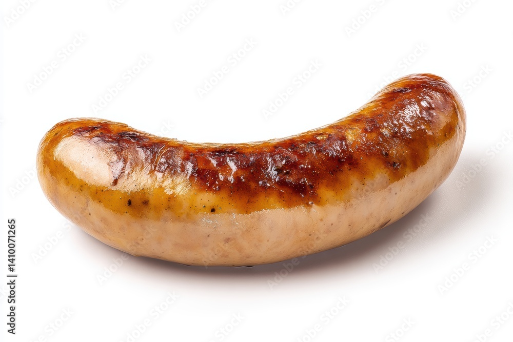 Appetizing Single Roasted Sausage Delightfully Displayed on Plain White Tabletop Ready to Be Eaten