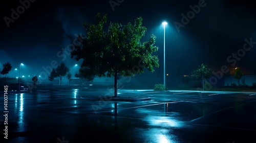 Nocturnal parking lot scene under a misty rain.