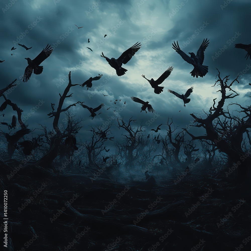 Fototapeta premium Dark birds flying silhouette stormy sky