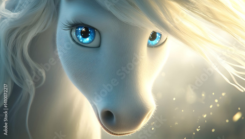 A close-up of the white pony's face, its mane flowing in soft, wispy strands, with bright blue eyes shining like stars