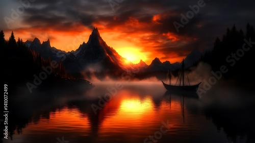 Dramatic sunset over majestic mountains and a tranquil lake.