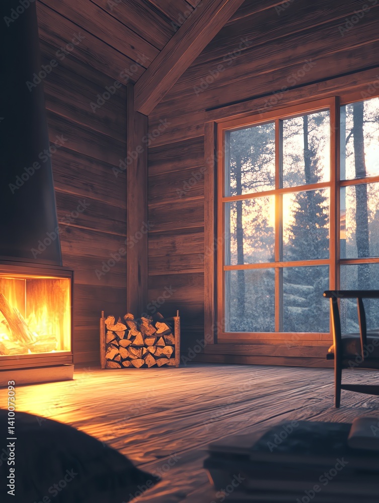 Fototapeta premium Cozy Cabin Interior with Fireplace and Winter Forest View at Sunset