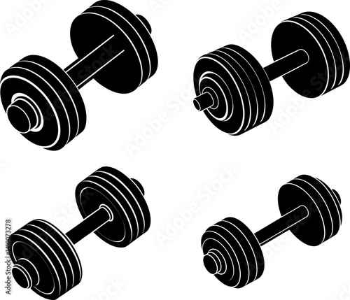Dumbbell art vectors and Set of different dumbbell icon silhouette collections