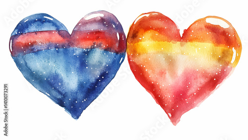 Watercolor illustration of two hearts, one red and the other blue with an orange stripe in between them.