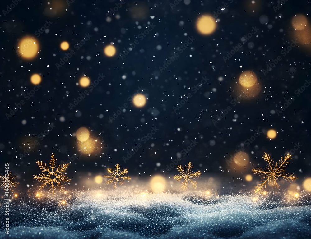 Dark blue background with glowing golden lights and snowflakes, creating an enchanting atmosphere for Christmas or New Year events. Dark blue background with glowing golden lights and snowflakes, creating an enchanting atmosphere for Christmas or New Year events.