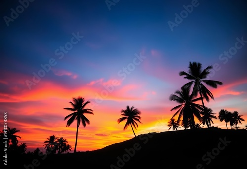 Silhouette of coconut trees on a hill against a vibrant twilight sky, vacation, serenity