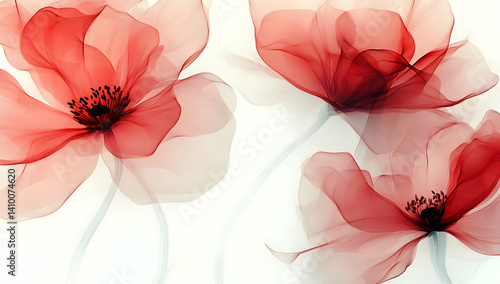 Illustration of red, transparent flowers on a white background, with soft lines and shapes, and pastel colors
