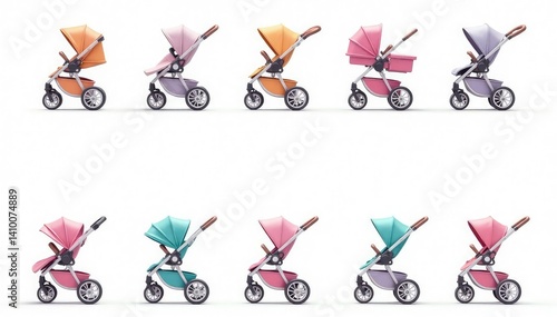 Pastel colored strollers, repeating pattern on white background, nursery, illustration, repeat
