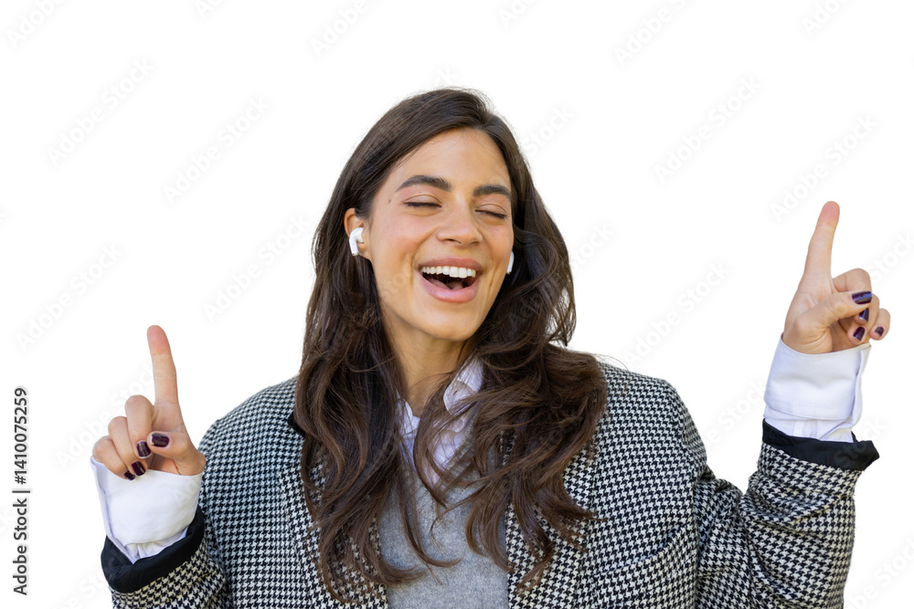 Smiling professional woman with wireless earbuds gesturing upward, listening to music against transparent background Smiling professional woman with wireless earbuds gesturing upward, listening to music against transparent background