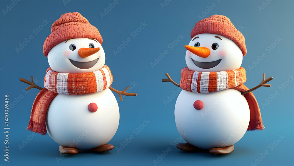 3D snowman character, wearing a hat and scarf, smiling, standing on a blue background, in a cute cartoon , high resolution, highly detailed 3D snowman character, wearing a hat and scarf, smiling, standing on a blue background, in a cute cartoon , high resolution, highly detailed