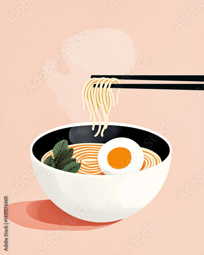 steaming bowl of ramen with noodles, egg, and greens against pastel background evokes warmth and comfort