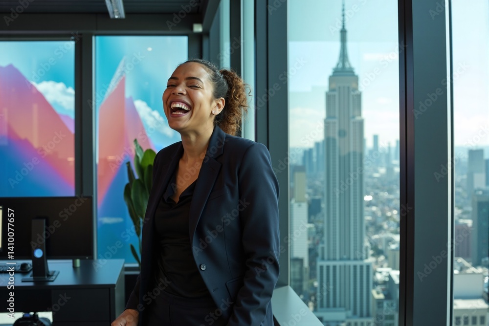 Fototapeta premium African American Woman with Dark Skin in Black Blazer in High-Rise Office with City Skyline View, Professional Businesswoman