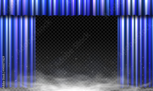 Realistic open blue stage curtain with sparkles, fog and light effect. Elegant velvet drapery on transparent background. Perfect for theater, movie premiere or award presentation. Vector illustration.